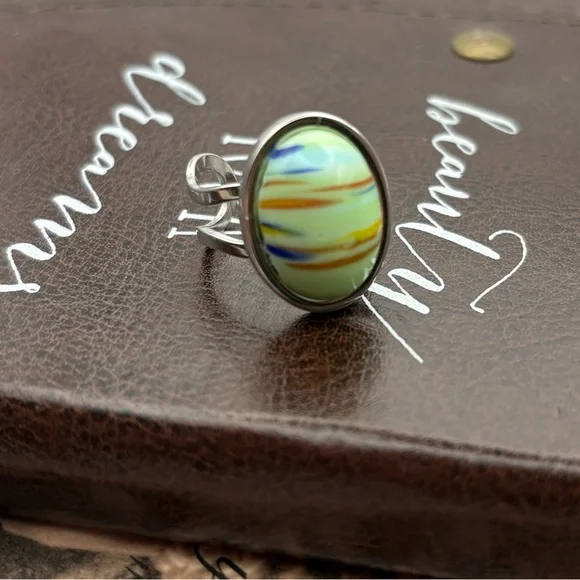 Vintage 70s Mint Green Striped Ring Adjustable - Picture 7 of 8